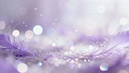 Soft, ethereal feathers with bokeh light effects create a dreamy and delicate visual atmosphere.