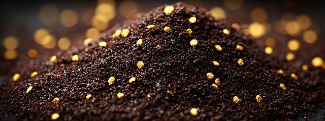 a close-up view of a mound of dark brown soil with small yellow specks