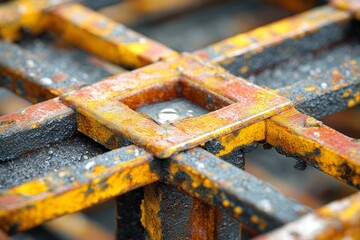 a close-up view of a rusty metal grate with various colors
