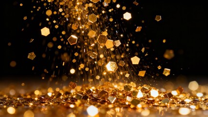Golden glitter particles cascade and scatter, creating a sparkling, luxurious effect against a dark background.