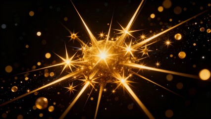 A radiant burst of golden light and sparkling particles against a dark background, creating a dynamic and festive visual effect.
