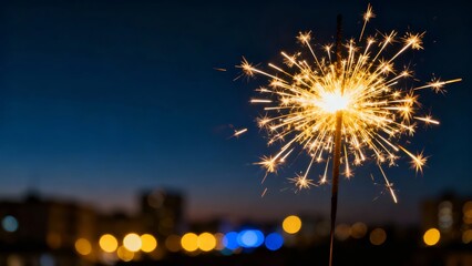 A single sparkler burns brightly against a twilight sky, with blurred city lights in the background.