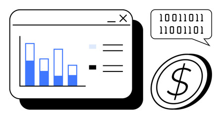 Bar graph on web window, speech bubble with binary code, and dollar coin highlight data-driven financial analysis. Ideal for finance, technology, data, strategy, analytics, innovation digital