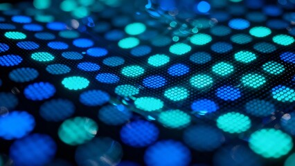Close-up of a textured surface featuring a grid of glowing blue and teal circular patterns, creating a futuristic and abstract visual effect.