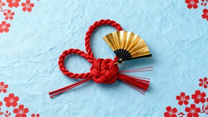 A traditional Japanese decorative knot with a golden fan, set against a light blue background adorned with red cherry blossoms.