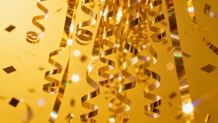 Golden confetti and streamers cascade against a vibrant yellow background, creating a festive and celebratory atmosphere.