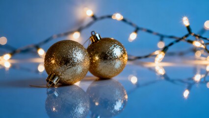 Two shimmering golden Christmas ornaments rest on a reflective surface, illuminated by soft bokeh lights in a serene blue backdrop.