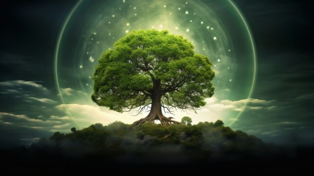 Enormous tree of life glowing in mystical green nebula