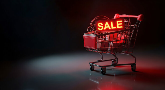 Black Friday sale shopping cart with glowing red sign