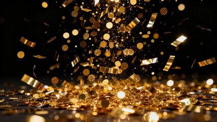 Golden confetti and shimmering particles cascade against a dark background, creating a festive and luxurious atmosphere.