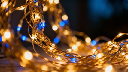 A close-up of a tangled string of warm yellow and cool blue fairy lights, softly glowing against a dark background.