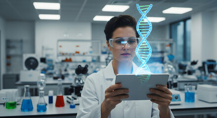 Researcher Analyzes DNA Structure Hologram Using Tablet Technology in Modern Lab