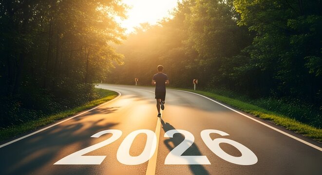 Reise ins Jahr 2026: Ein einsamer Läufer sprintet voran und durchquert eine sonnenbeschienene Straße, die mit der Jahreszahl 2026 markiert и символизирует eine persönliche Reise в новом году