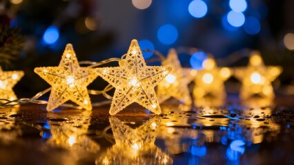 Illuminated star-shaped fairy lights reflecting on a wet surface, creating a warm and festive holiday atmosphere.