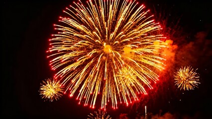 A vibrant display of fireworks bursting in the night sky, with golden and red trails illuminating the darkness.