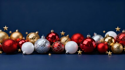 A festive arrangement of colorful Christmas ornaments and golden stars against a deep blue background, creating a holiday-themed decorative display.