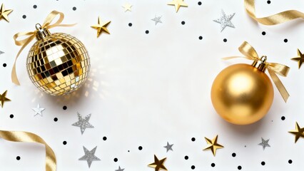 A festive holiday scene featuring golden disco and matte baubles, silver stars, and confetti on a white background.