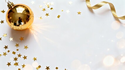 A festive holiday scene featuring a golden Christmas ornament and scattered gold confetti on a bright white background.