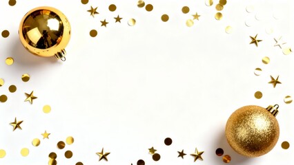 A festive holiday scene featuring golden Christmas ornaments and star-shaped confetti arranged on a white background, creating a celebratory and elegant composition.