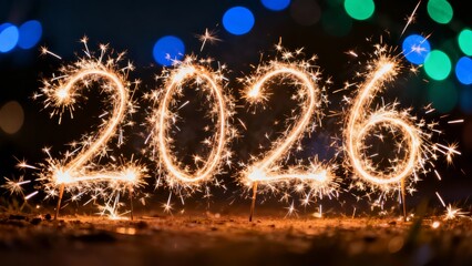 Bright sparklers form the numbers '2026' against a festive, blurred background of colorful lights, capturing the essence of celebration and anticipation for the new year.