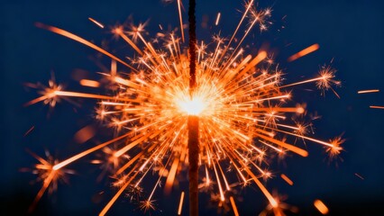 A vibrant sparkler bursts with bright orange and yellow sparks against a dark background, capturing the dynamic energy of a festive celebration.