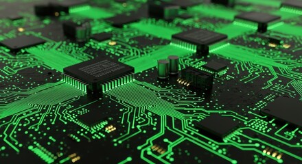 Close Up of Glowing Green Circuit Board Microchips	