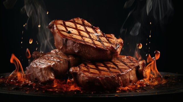 Grilled steaks sizzling on a hot griddle with flames