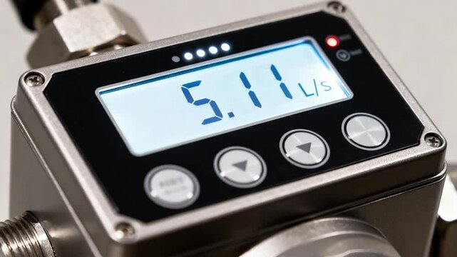 Closeup of a digital water flow meter display indicating exact volume flow with illuminated numbers and advanced interface.