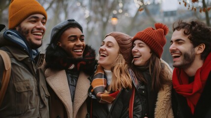 Happy friends laughing together during winter season