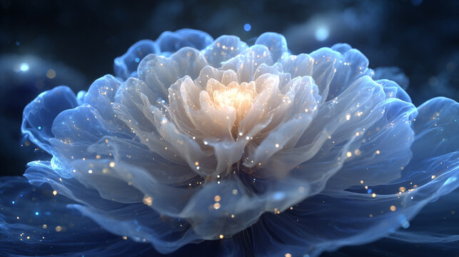 Vibrant digital particles converge to form an abstract glowing flower, symbolizing creativity, growth, and energy in a futuristic, dynamic composition. - Powered by Adobe