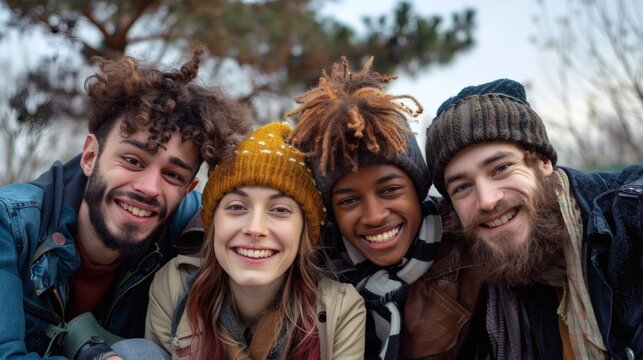 Happy diverse group of friends smiling for a selfie outdoors