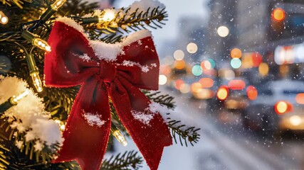 Red bow on snow-covered Christmas tree branch with lights and street view. A festive closeup that evokes holiday cheer. Winter holidays, seasonal greetings, Christmas time.