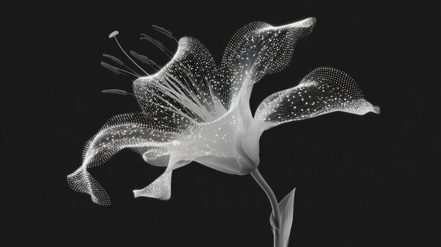 Vibrant digital particles converge to form an abstract glowing flower, symbolizing creativity, growth, and energy in a futuristic, dynamic composition.