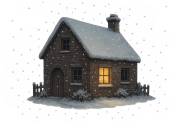 Cozy watercolor cottage illustration during winter snowfall, warm light glowing from window, isolated on transparent background