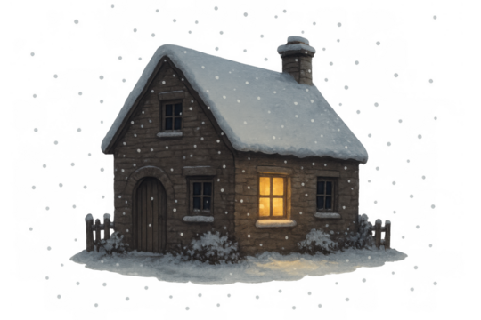 Cozy watercolor cottage illustration during winter snowfall, warm light glowing from window, isolated on transparent background