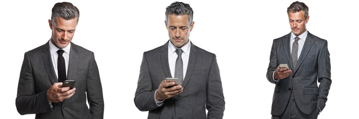 Set of businessmen looking at smartphones, isolated on transparent background
