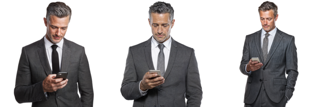 Set of businessmen looking at smartphones, isolated on transparent background