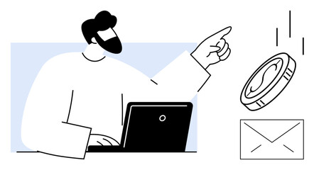 Man working on laptop points to a falling coin near envelope. Ideal for finance, e-commerce, email communication, online payment, investment, digital interaction, simple flat metaphor