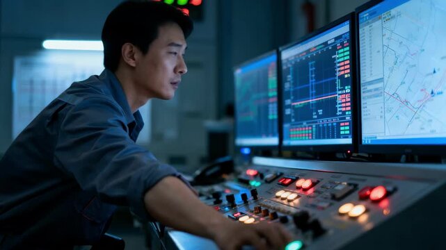Engineer monitors control room during peak load conditions to evaluate grid resilience and prevent power outages under maximum stress.
