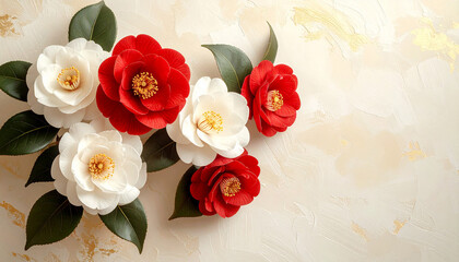 紅白の椿が並ぶ上品な和風背景