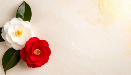 紅白の椿と柔らかな光が差す和モダン背景