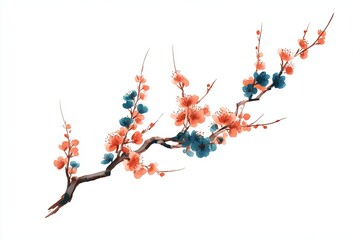 Delicate S-curved branch with blooming orange and blue flowers, isolated on a clean white background