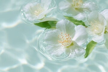 Delicate white jasmine flowers floating serenely on rippling clear water, evoking tranquility and natural beauty.