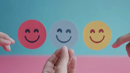 Happy faces in different colors held by hands against a teal and pink background
