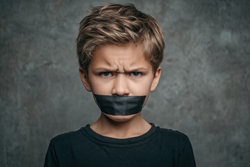 Furious young boy with angry expression, mouth taped shut with black duct tape, against a textured wall