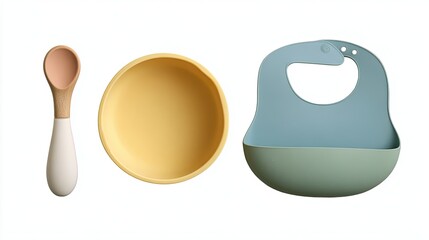 Modern baby feeding set with yellow silicone bowl, wooden spoon, and blue bib