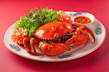Whole red cooked crab presented beautifully with fresh lettuce and dipping sauce on a decorative plate.