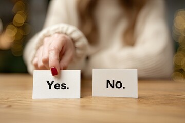 Woman's hand choosing between 'Yes' and 'No' cards on a wooden table, decision making