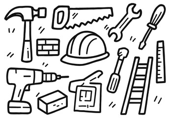 Fototapeta premium Hand-drawn construction tools including hammer, saw, drill, helmet, ladder, wrench, and ruler