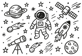 Obraz premium Astronaut in space with rocket, telescope, and planets